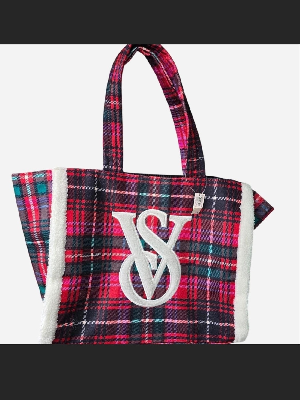 Victoria's Secret Pink Multi Plaid Tote with White Sherpa Trim